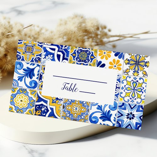 Portuguese Azulejos Tile Blue Yellow Wedding Place Card