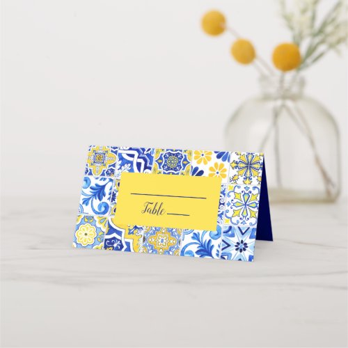 Portuguese Azulejos Tile Blue Yellow Wedding Place Place Card