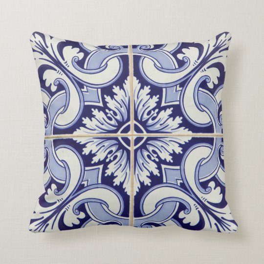 Portuguese Azulejos Tile Patio Pillow Blue Zazzle Com