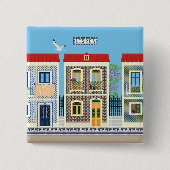 Portuguese beautiful houses with tiles or azulejos button (Front)