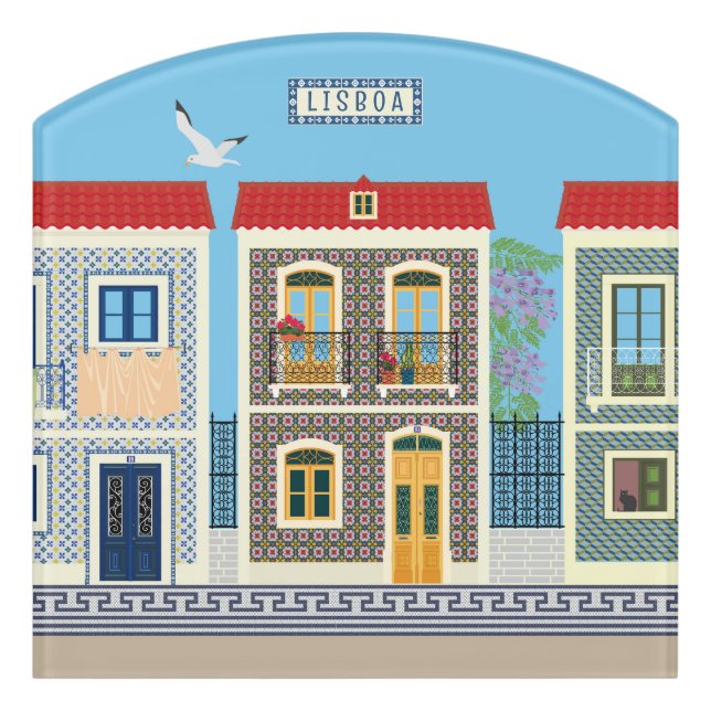 Portuguese beautiful houses with tiles or azulejos door sign (Contour Front)