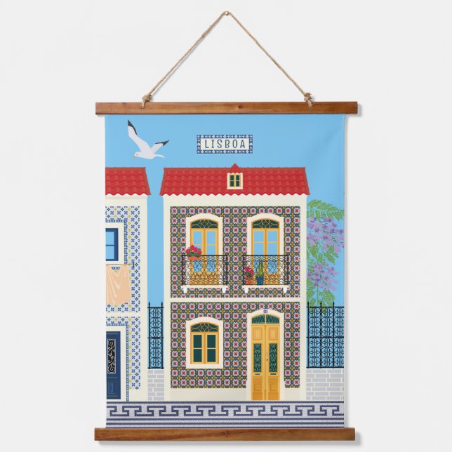 Portuguese beautiful houses with tiles or azulejos hanging tapestry (Front)