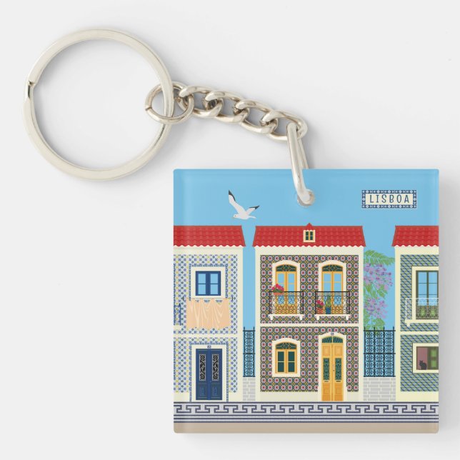 Portuguese beautiful houses with tiles or azulejos keychain (Front)