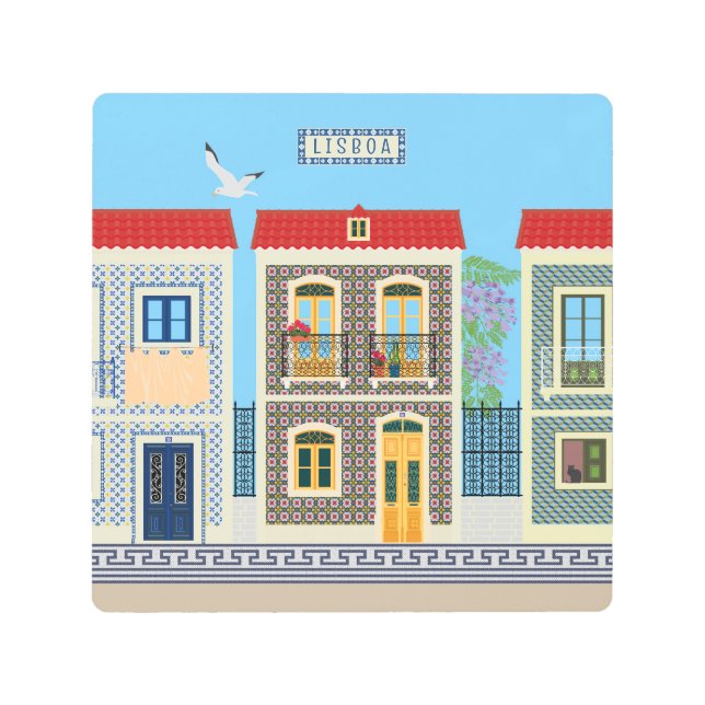 Portuguese beautiful houses with tiles or azulejos metal print (Front)