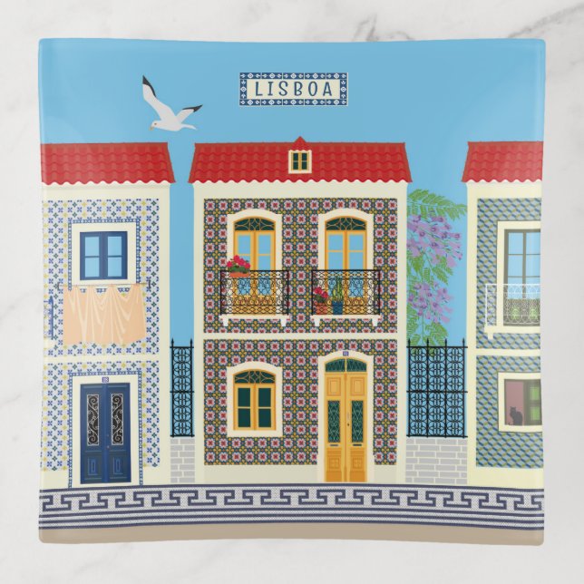 Portuguese beautiful houses with tiles or azulejos trinket tray (Front)
