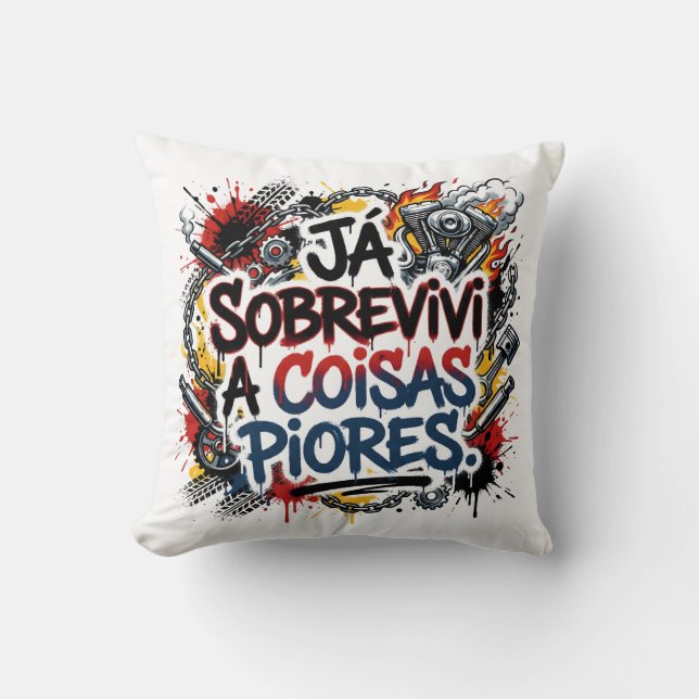Portuguese biker quote – graffiti  throw pillow (Front)