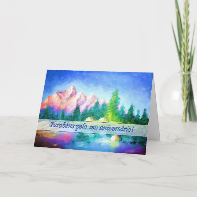 Portuguese Birthday Pink Mountain Blue Sky Card (Front)
