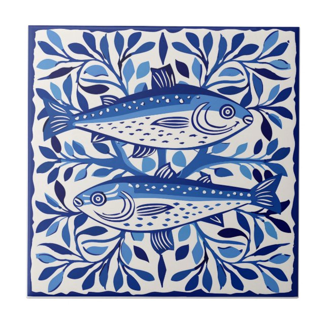 Portuguese Blue and White Sardine Ceramic Tile (Front)