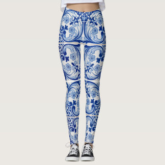 Portuguese blue and white tiles pattern leggings