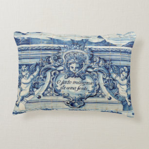 Portuguese blue and white wall tiles with angels accent pillow