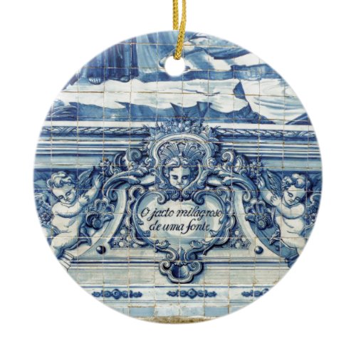 Portuguese blue and white wall tiles with angels ceramic ornament