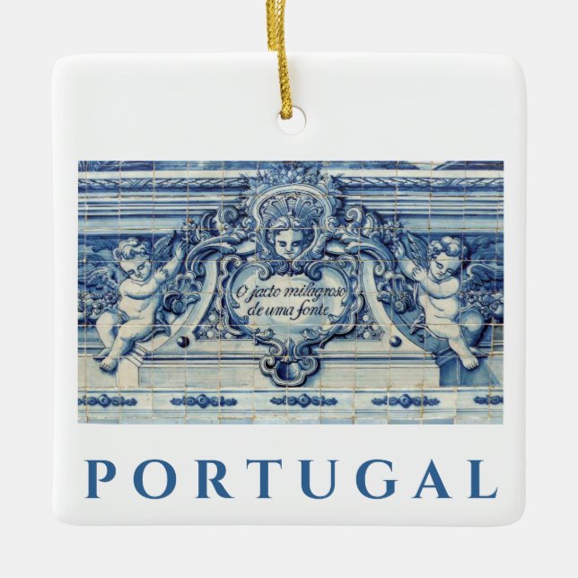 Portuguese blue and white wall tiles with angels ceramic ornament (Front)