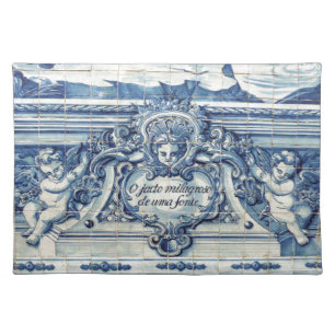 Portuguese blue and white wall tiles with angels cloth placemat
