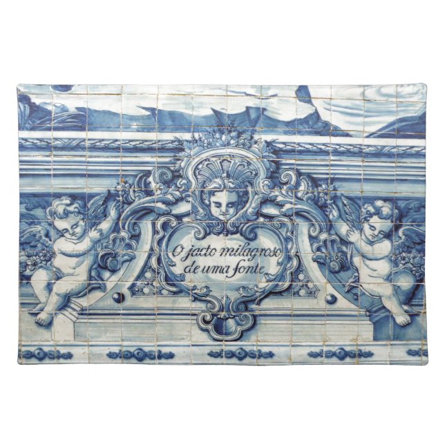 Portuguese blue and white wall tiles with angels cloth placemat (Front)