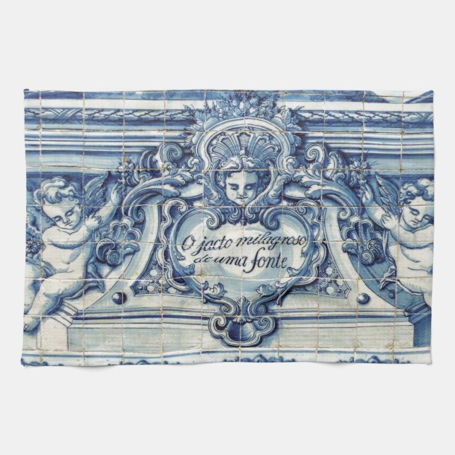 Portuguese blue and white wall tiles with angels kitchen towel (Horizontal)