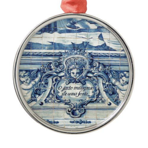 Portuguese blue and white wall tiles with angels metal ornament