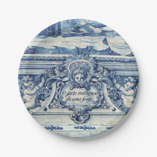 Portuguese blue and white wall tiles with angels paper plates