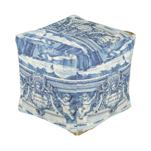 Portuguese blue and white wall tiles with angels pouf