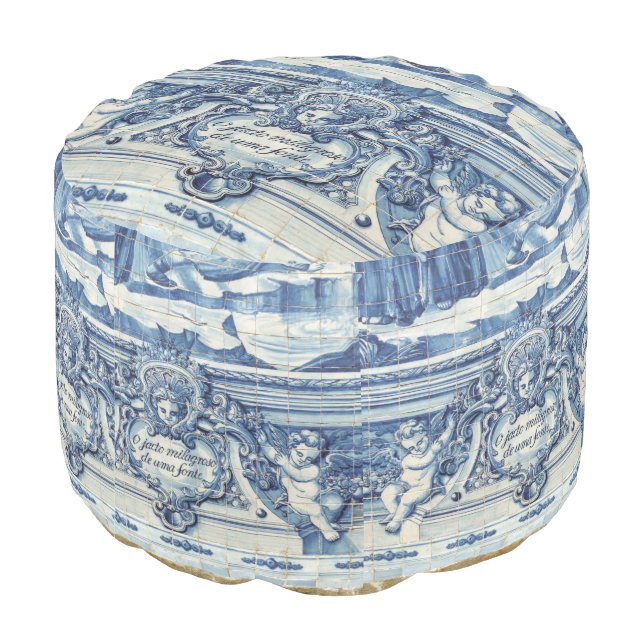 Portuguese blue and white wall tiles with angels pouf (Angled Back)