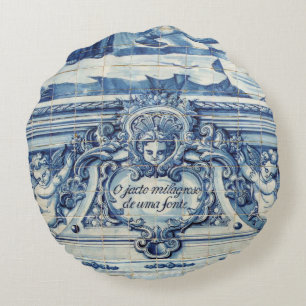 Portuguese blue and white wall tiles with angels round pillow
