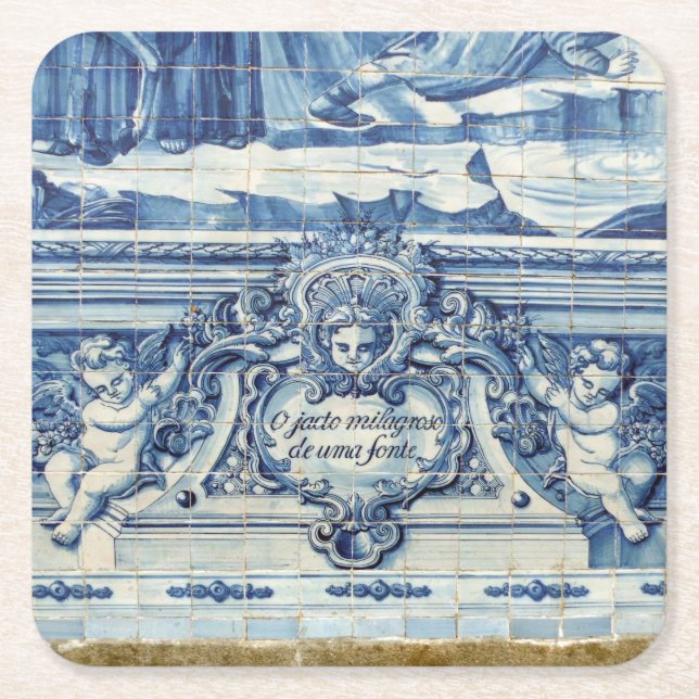 Portuguese blue and white wall tiles with angels square paper coaster (Front)