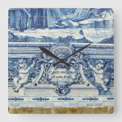 Portuguese blue and white wall tiles with angels square wall clock