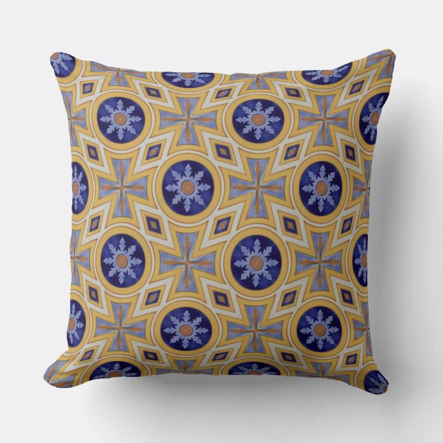 Portuguese blue and yellow ceramic tile pattern throw pillow (Front)