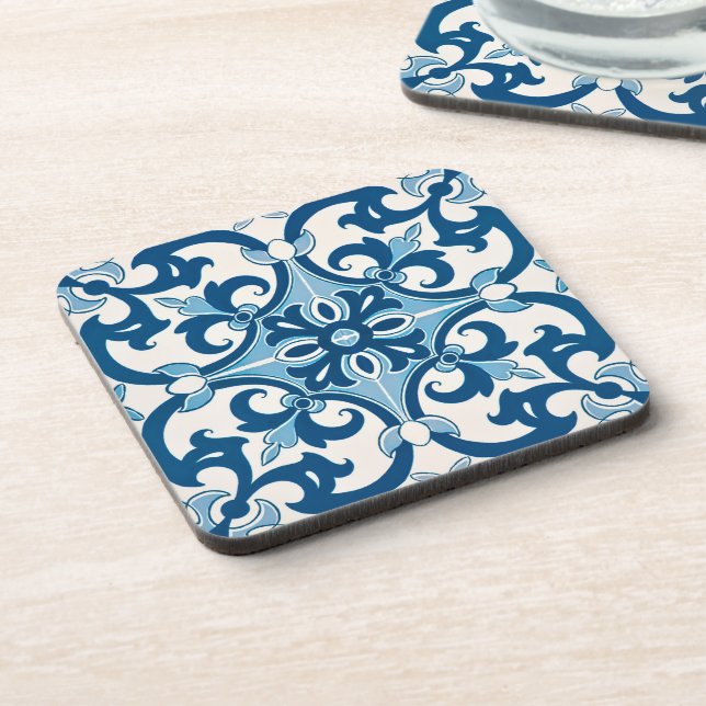 Portuguese Blue Azulejo Fleur De Lis Drinkware Beverage Coaster (Left Side)