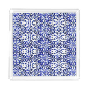 Portuguese Blue Azulejo Tile Pattern Acrylic Tray