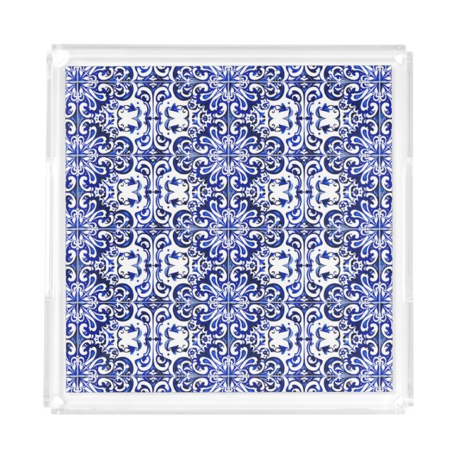 Portuguese Blue Azulejo Tile Pattern Acrylic Tray (Front)