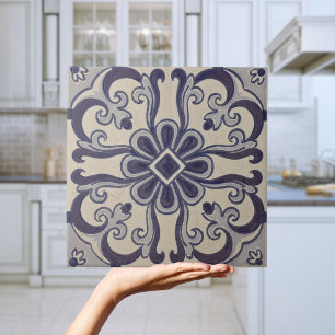 Portuguese Blue Geometric Azulejos Floral Ceramic Tile