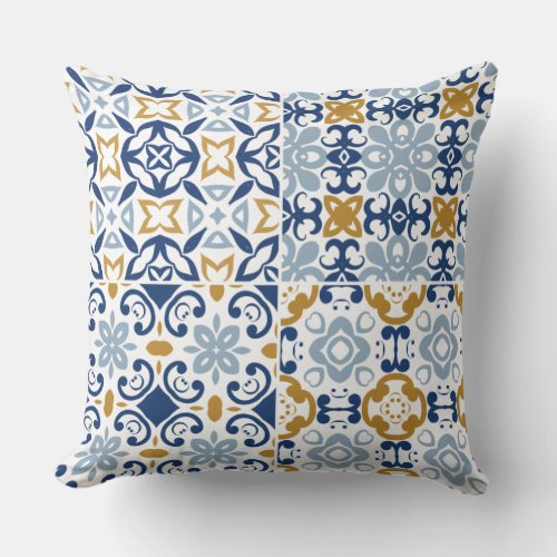 Portuguese blue navy and brown tile pattern throw pillow