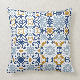 Portuguese blue, navy and brown tile pattern throw pillow