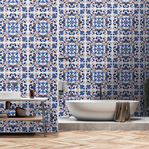 Portuguese Blue Red White Azulejo Tile Pattern Wallpaper