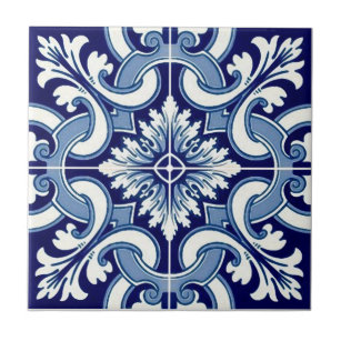 Portuguese Blue & White Tile Print Metal Jug Vase Large Curved Handle 26x12x21cm 