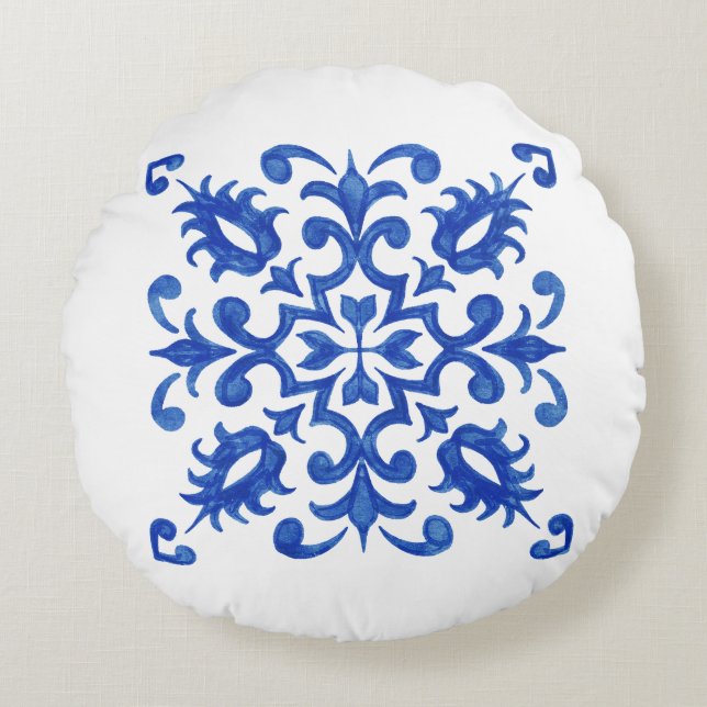 Portuguese Blue Tile central round medallion Round Pillow (Front)
