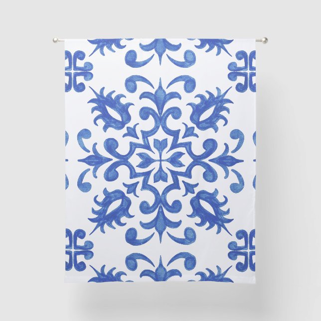 Portuguese Blue Tile central round medallion Sheer Curtains (Front)