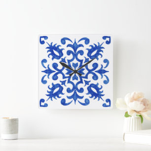 Portuguese Blue Tile central round medallion Square Wall Clock