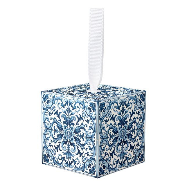 Portuguese blue tile cube ornament (Front Angled)