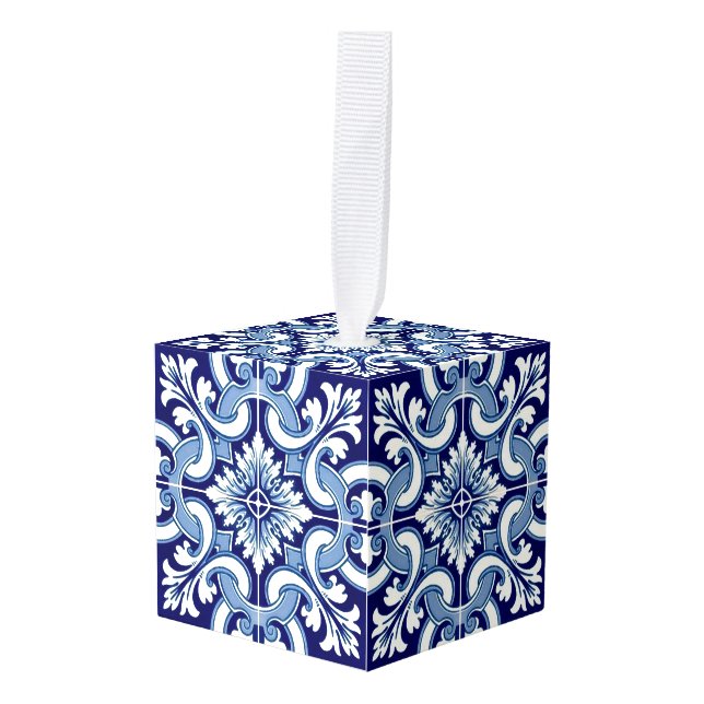 Portuguese blue tile cube ornament (Front Angled)