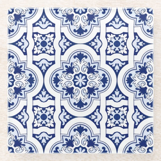 Portuguese blue tile glass coaster (Front)
