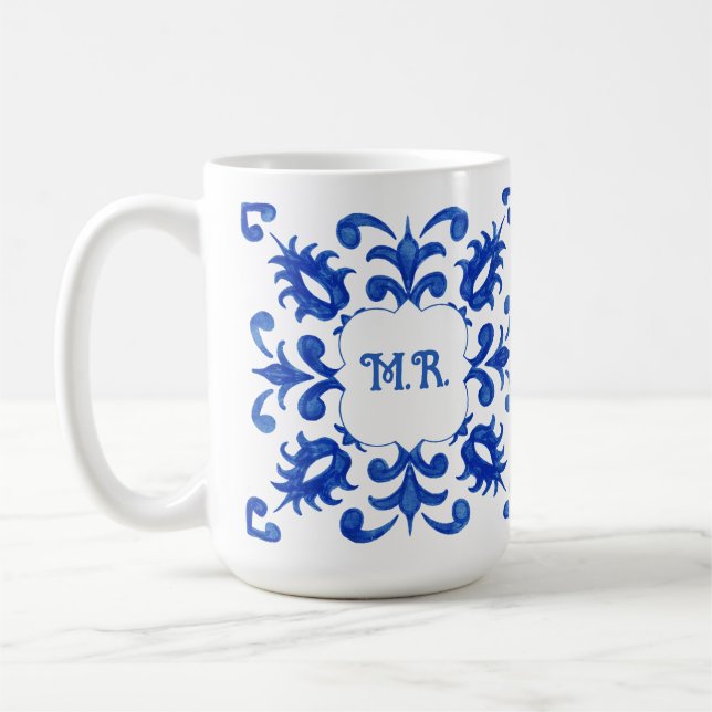 Portuguese Blue Tile Monogram  Coffee Mug (Left)