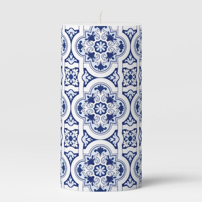 Portuguese blue tile pillar candle (Front)