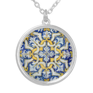 Portuguese blue tile silver plated necklace