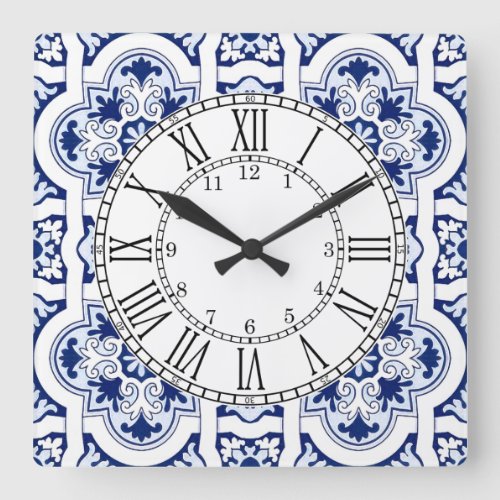 Portuguese blue tile square wall clock