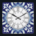 Portuguese blue tile square wall clock<br><div class="desc">This product has an intricate design with a dark blue background and white ornamental patterns. The design is reminiscent of traditional ceramic or porcelain styles,  which may interest those who appreciate classic or vintage aesthetics.</div>