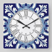Portuguese blue tile square wall clock