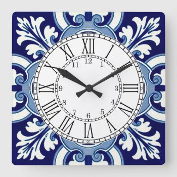Portuguese Blue Tile Square Wall Clock by PedroVale at Zazzle