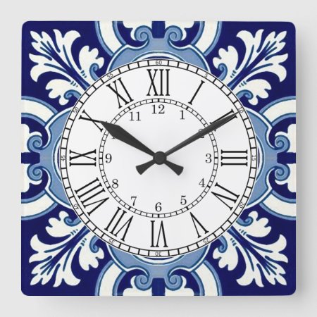 Portuguese Blue Tile Square Wall Clock