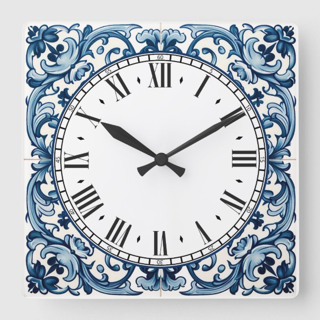 Portuguese blue tile square wall clock (Front)